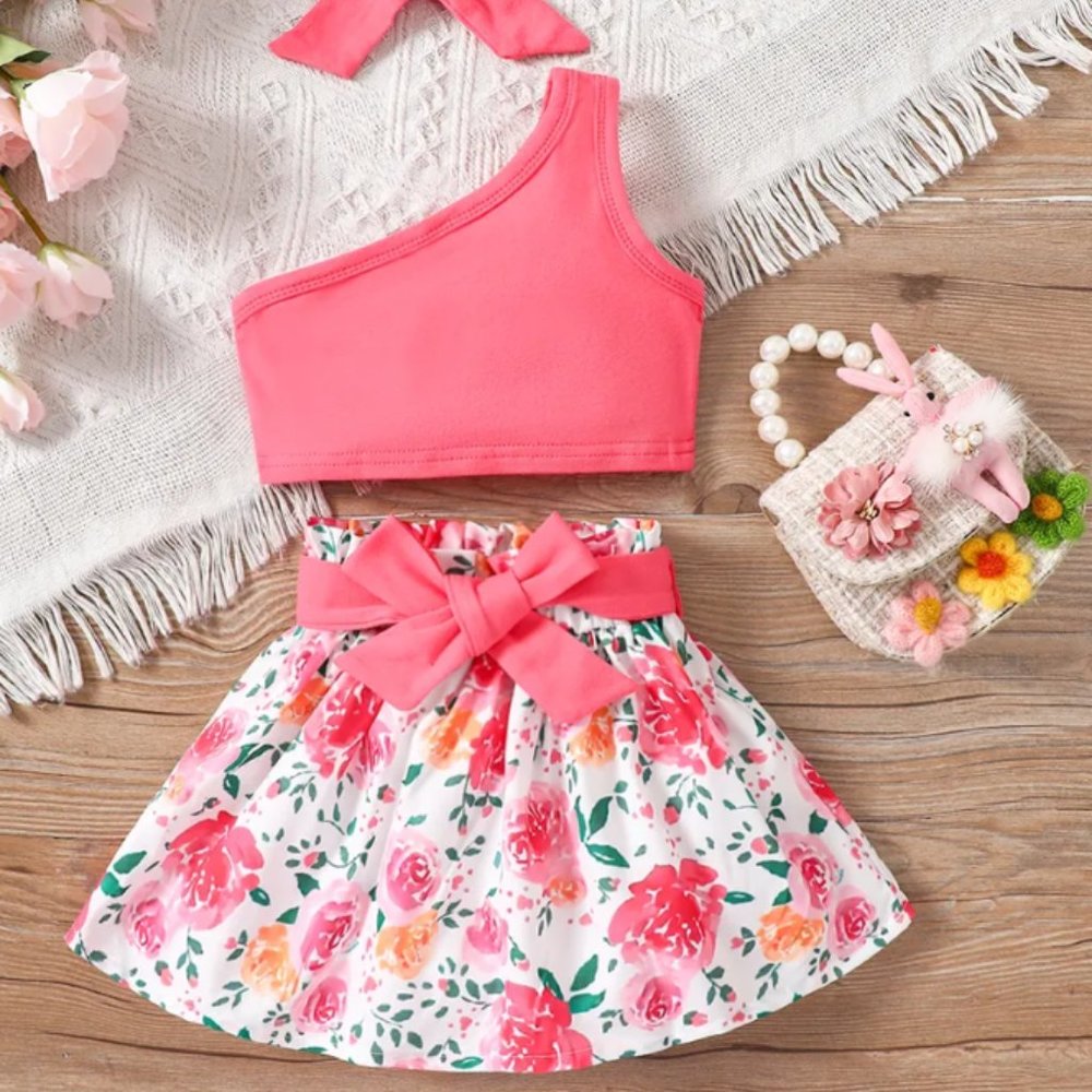 3pcs 95% Cotton One-Shoulder Top & Rose Print Belted Skirt & Headband - NWT
